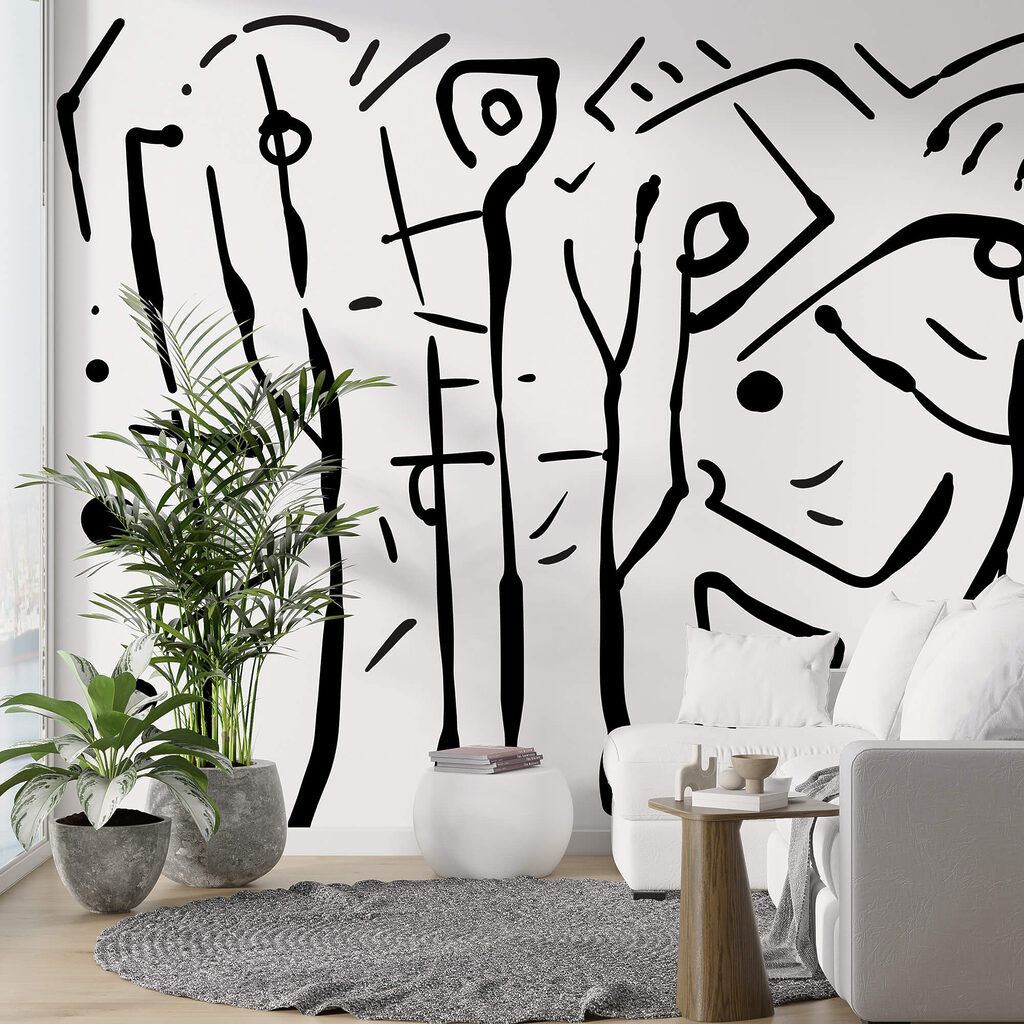 Black and white drawing of a group of people