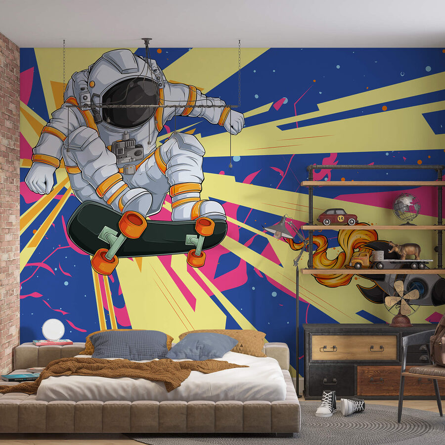 An astronaut riding a skateboard