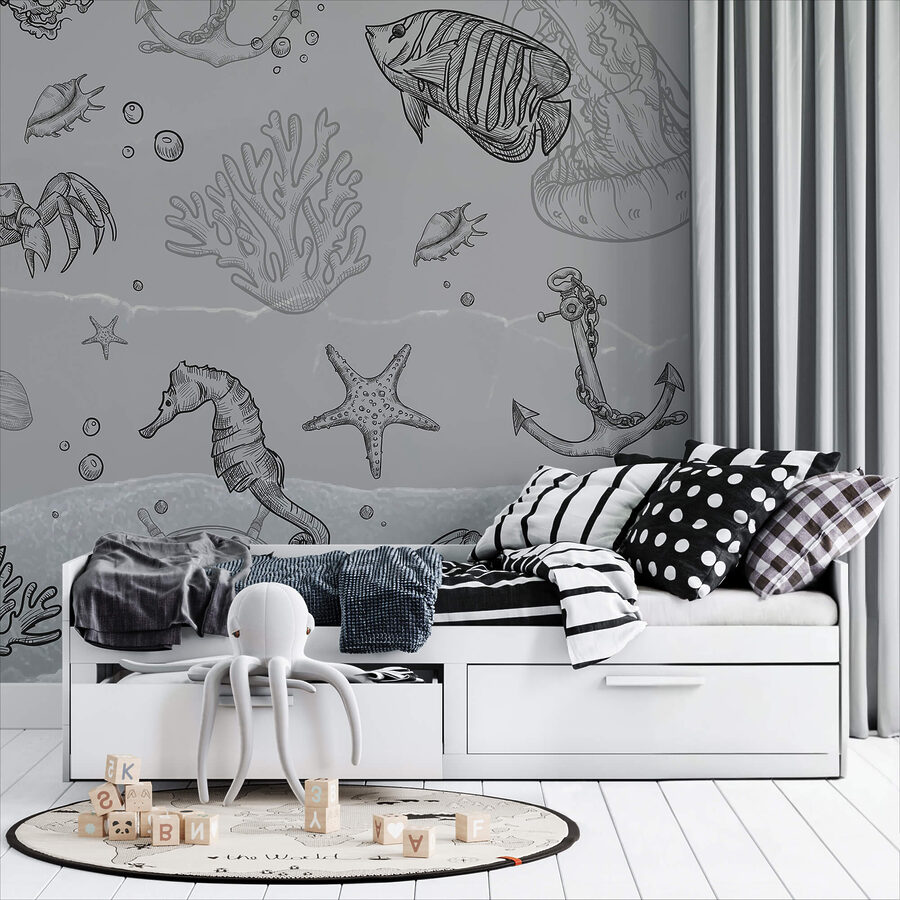 Grey background with sea creatures