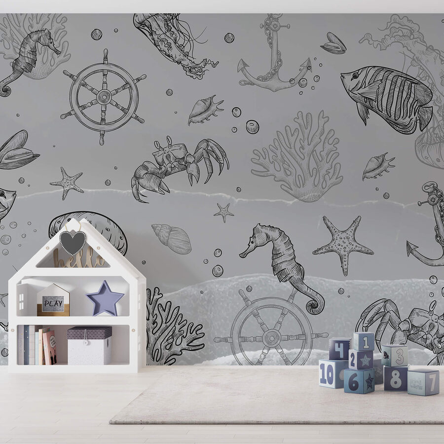 Grey background with sea creatures