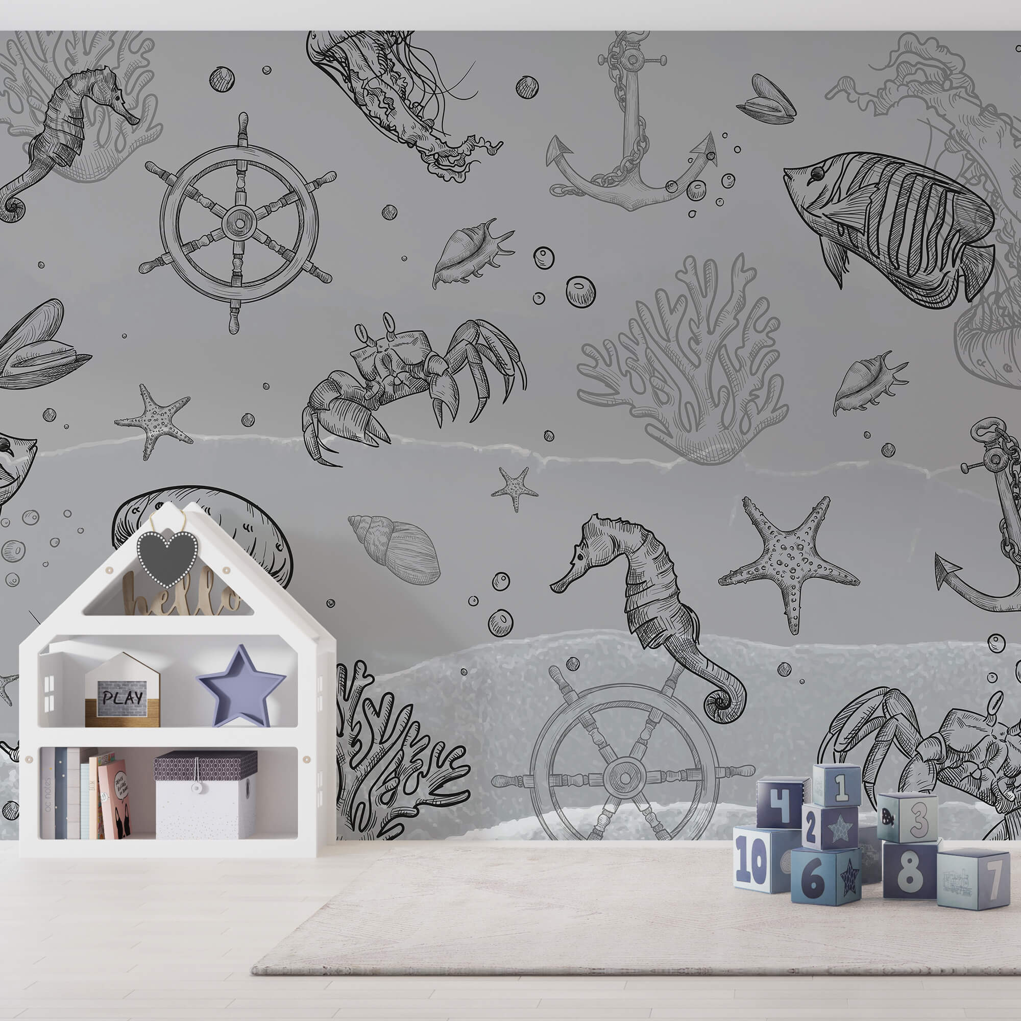 Grey background with sea creatures