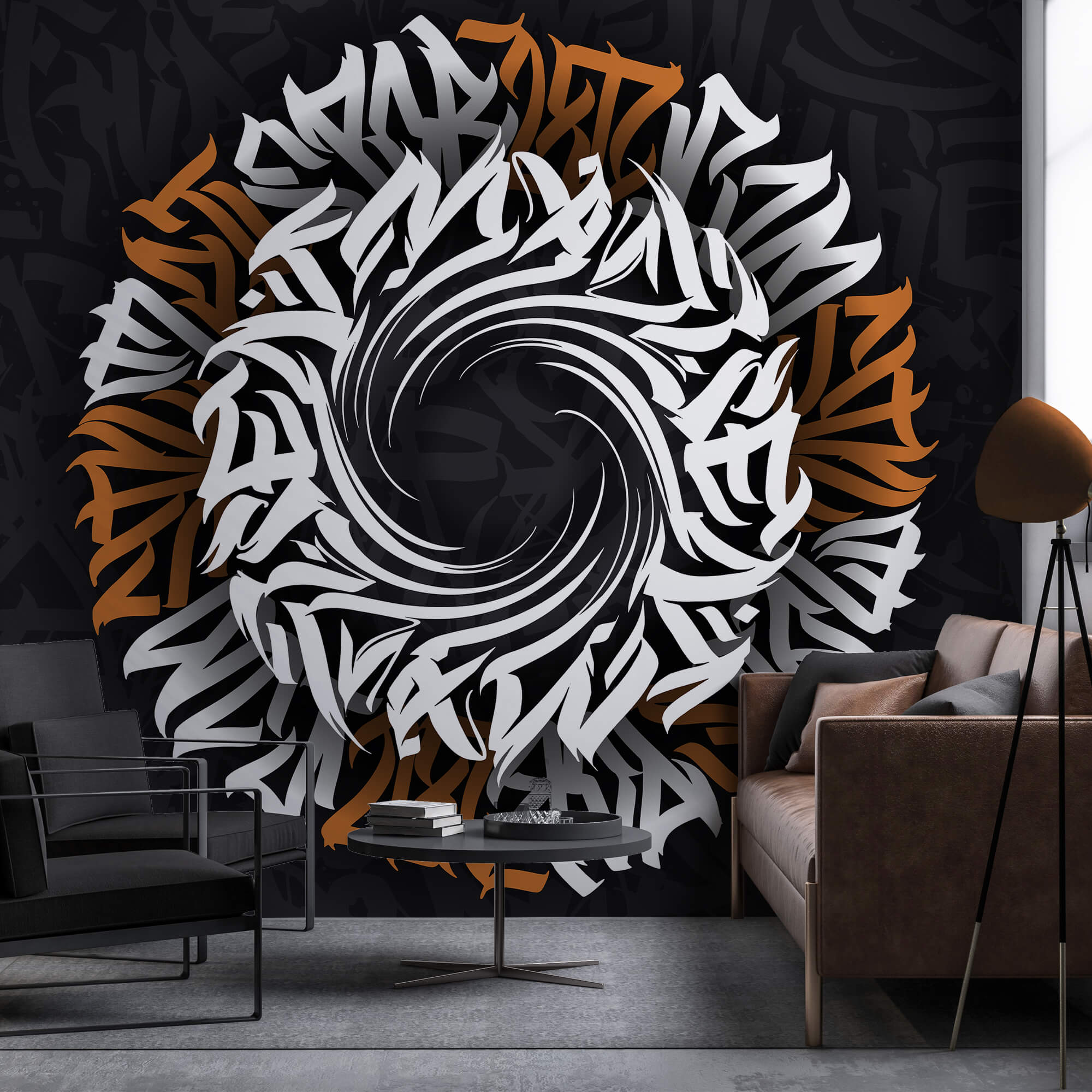 Circular pattern with white and orange letters
