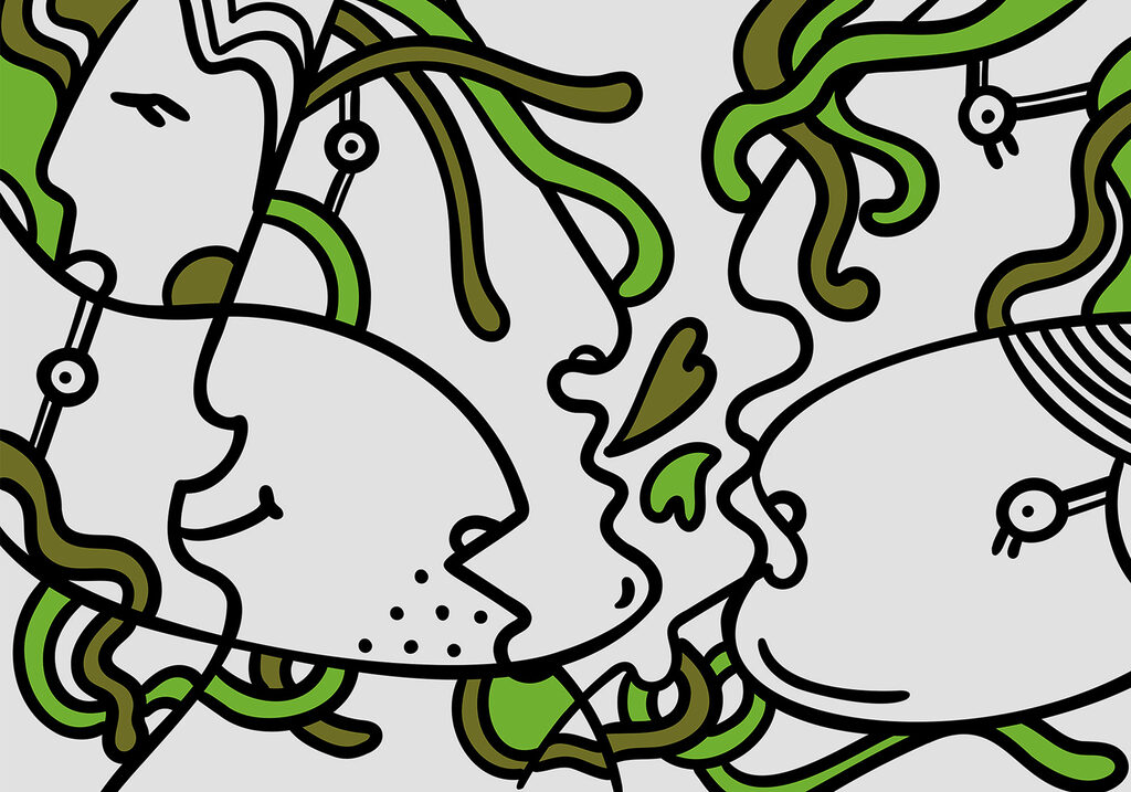 Faces intertwined with vibrant shapes. Faces intertwined with vibrant shapes.