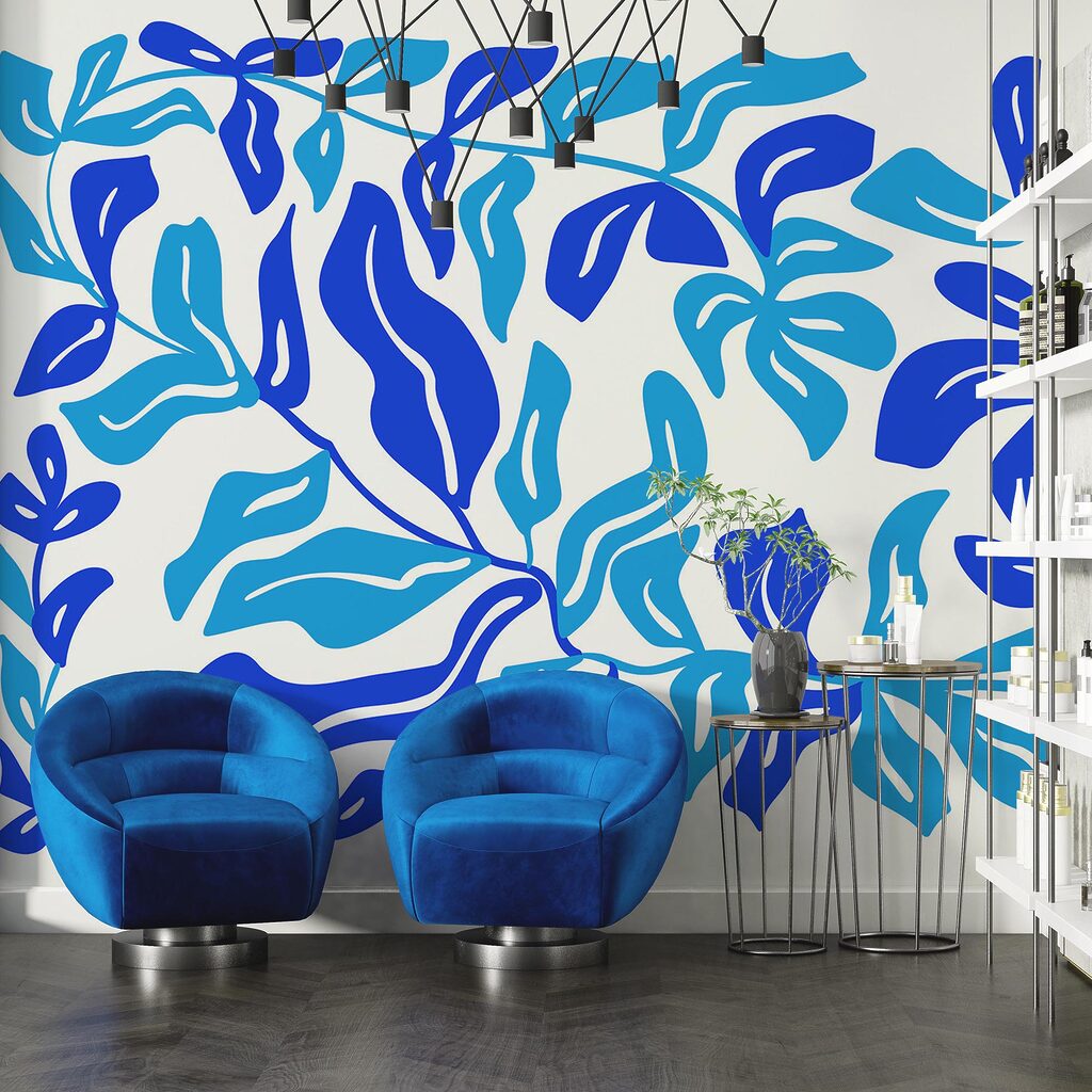 Blue and white drawing of leaves