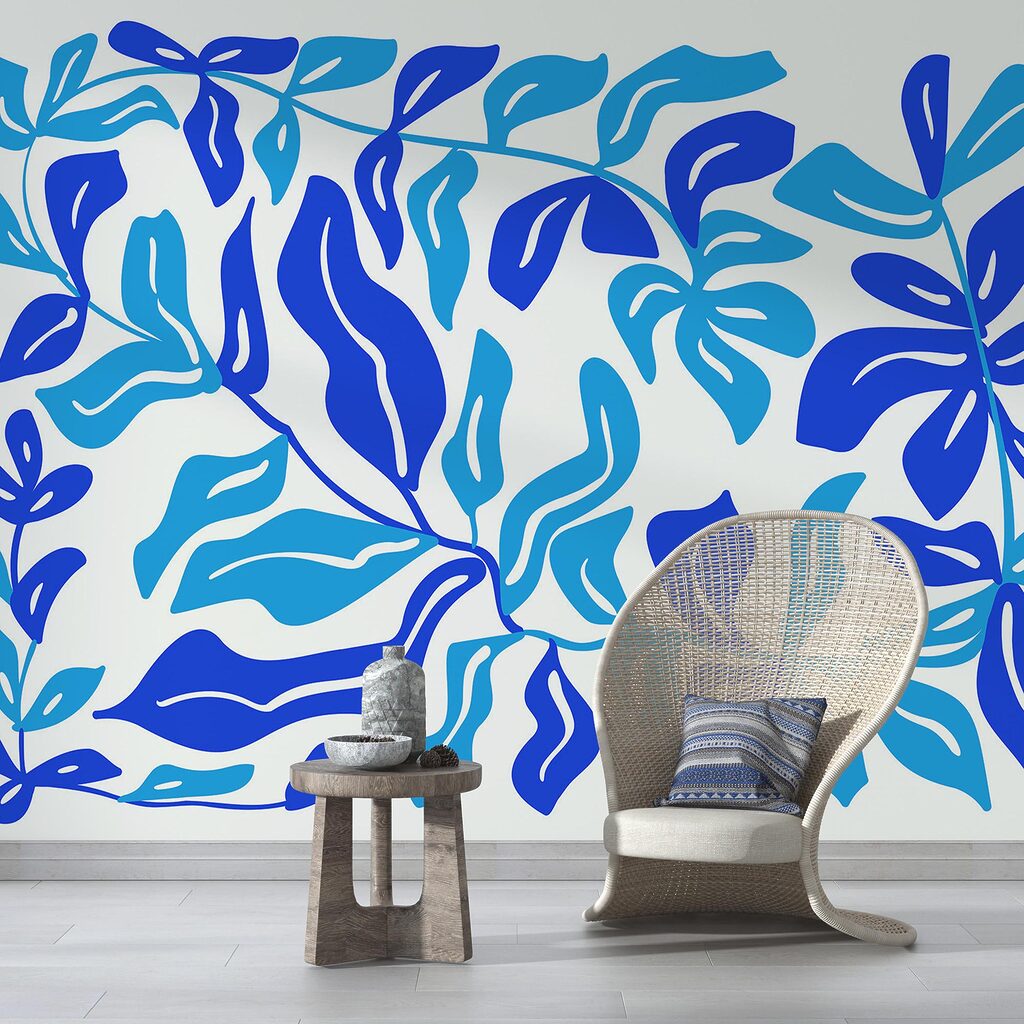Blue and white drawing of leaves