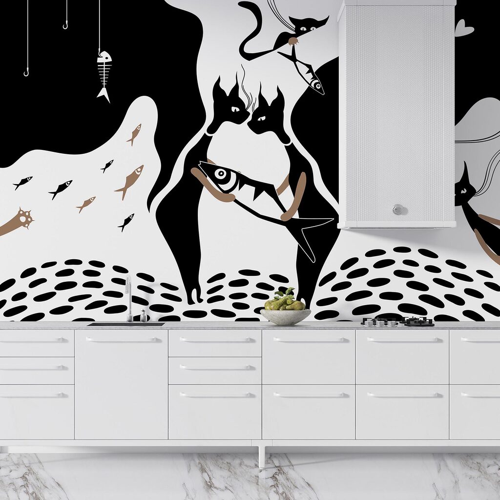 Black and white cat with fish and fish Black and white cat with fish and fish