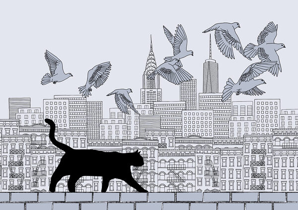 Cat walking on a wall with birds flying in the sky Cat walking on a wall with birds flying in the sky