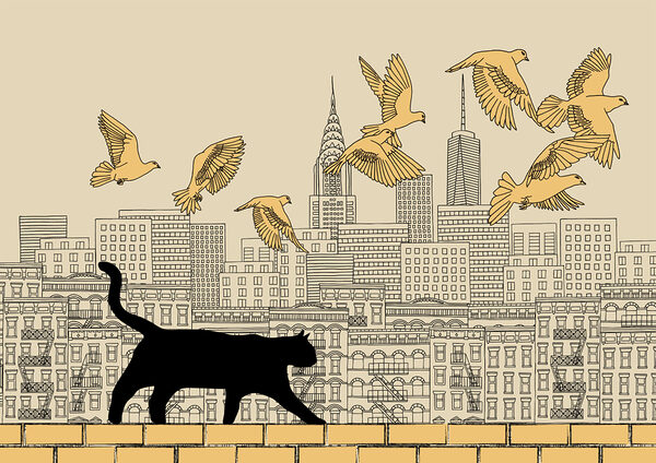 Cat walking on a wall with birds flying in the sky Cat walking on a wall with birds flying in the sky