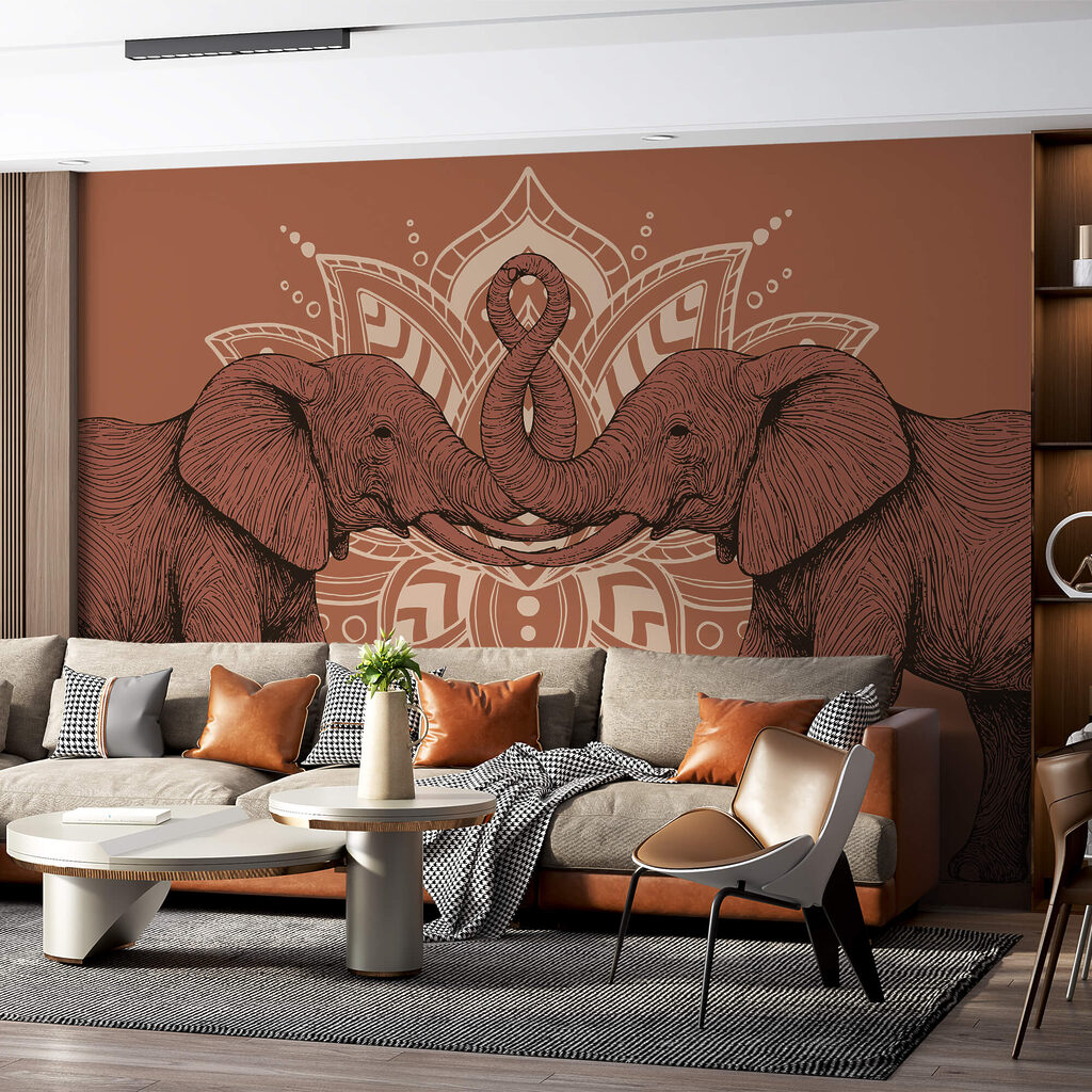 Two elephants with their trunks touching each other