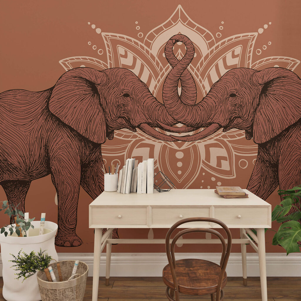 Two elephants with their trunks touching each other