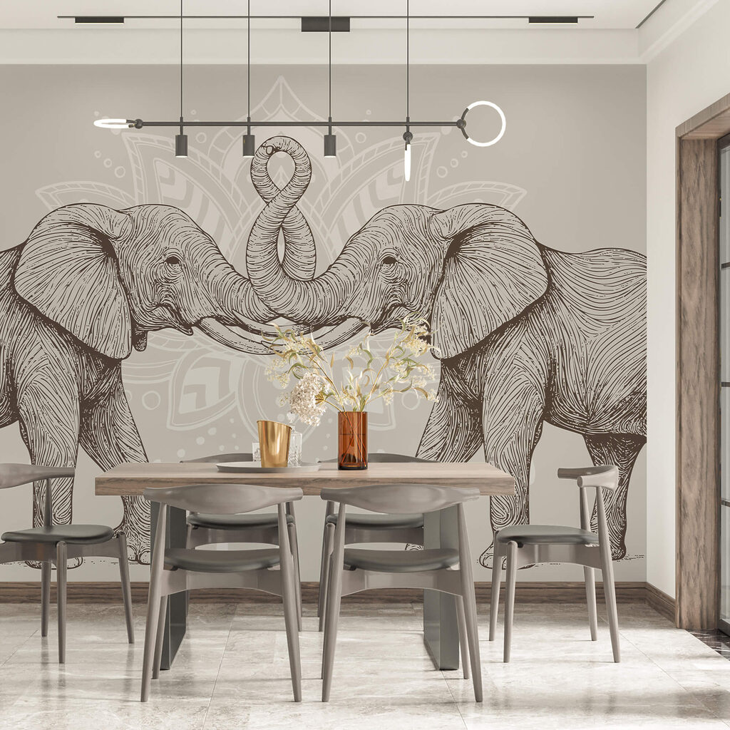 Two elephants with their trunks curled up