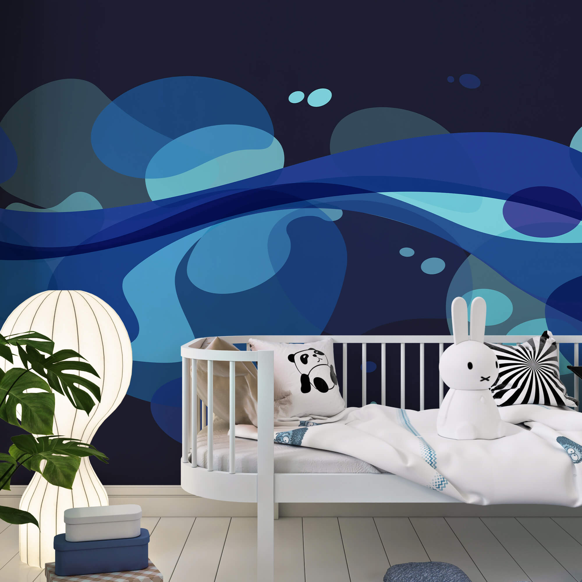 Blue and white swirly design