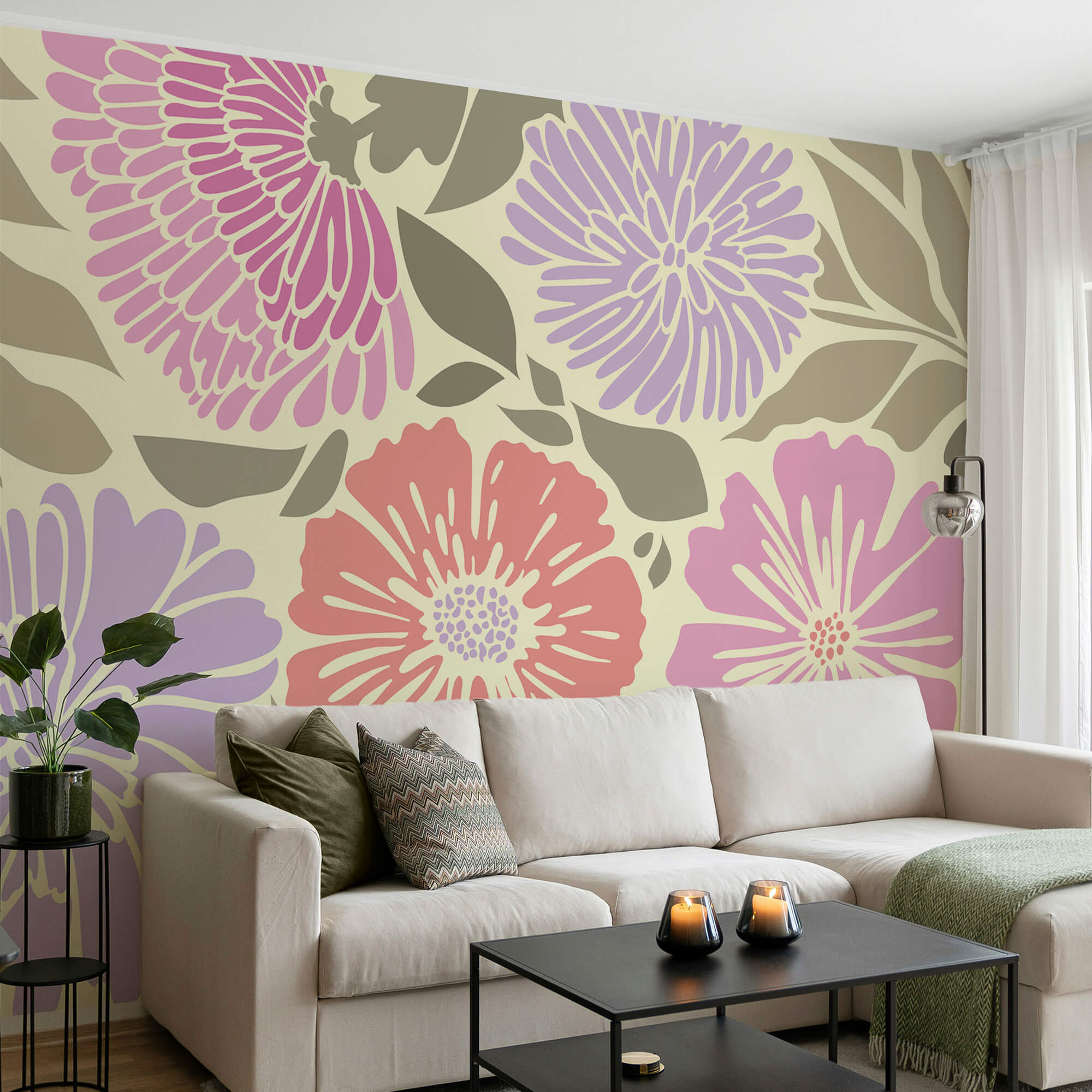 Colorful floral pattern with leaves.