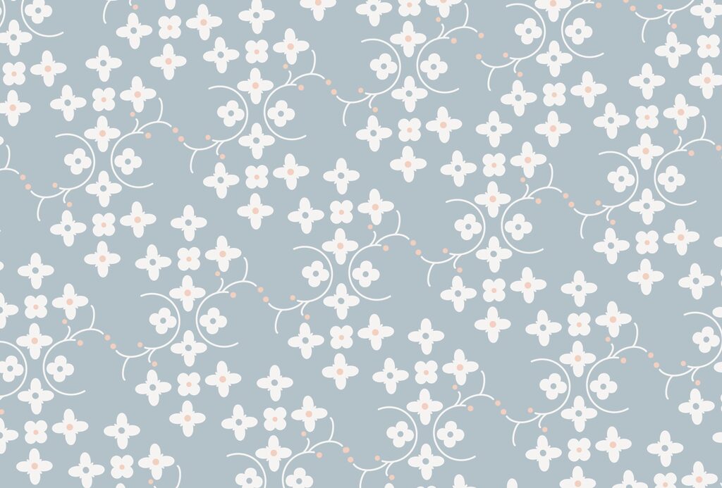Pattern of white flowers and pink dots on a blue background Pattern of white flowers and pink dots on a blue background