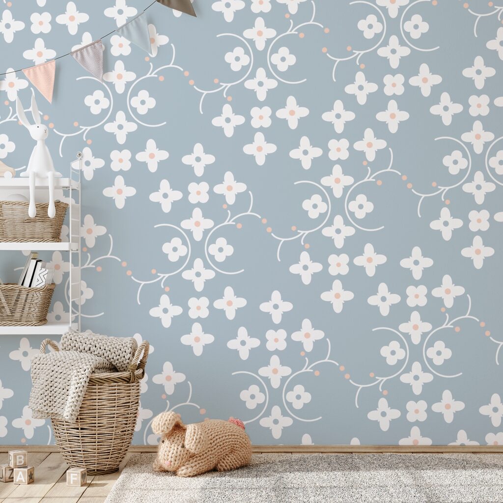 Pattern of white flowers and pink dots on a blue background Pattern of white flowers and pink dots on a blue background