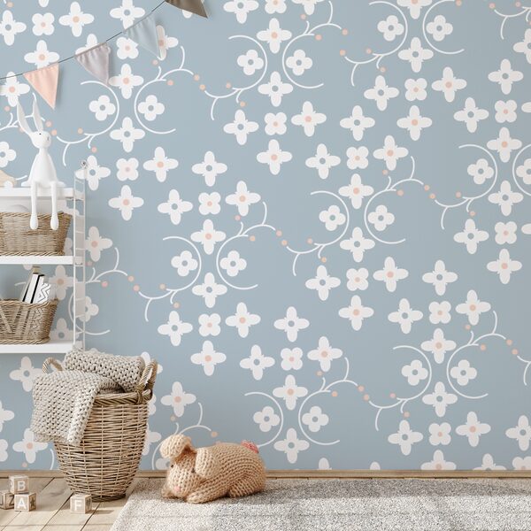Wall murals Wall murals Pattern of white flowers and pink dots on a blue background (SKU: t00159)