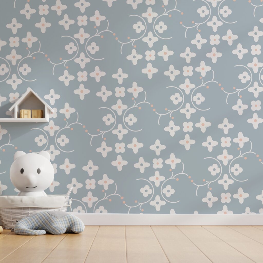 Pattern of white flowers and pink dots on a blue background Pattern of white flowers and pink dots on a blue background