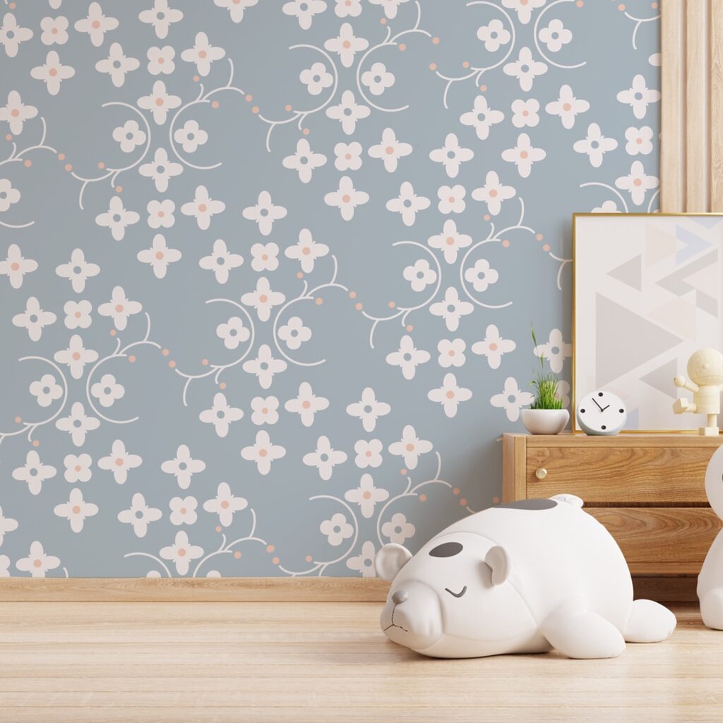 Pattern of white flowers and pink dots on a blue background Pattern of white flowers and pink dots on a blue background