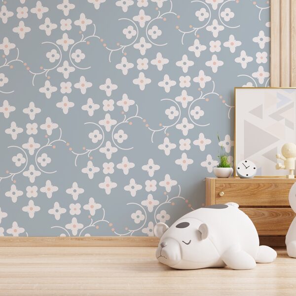 Pattern of white flowers and pink dots on a blue background Pattern of white flowers and pink dots on a blue background