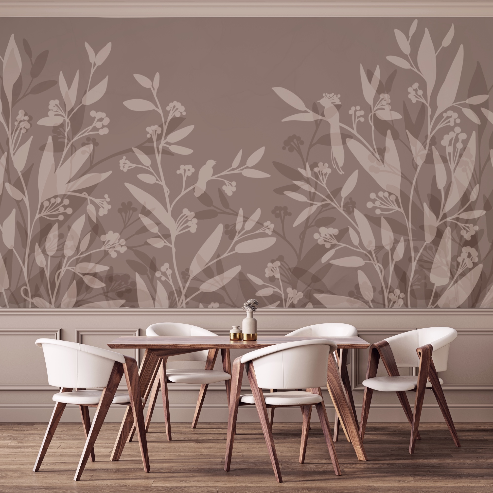Gentle leaf silhouettes on muted background