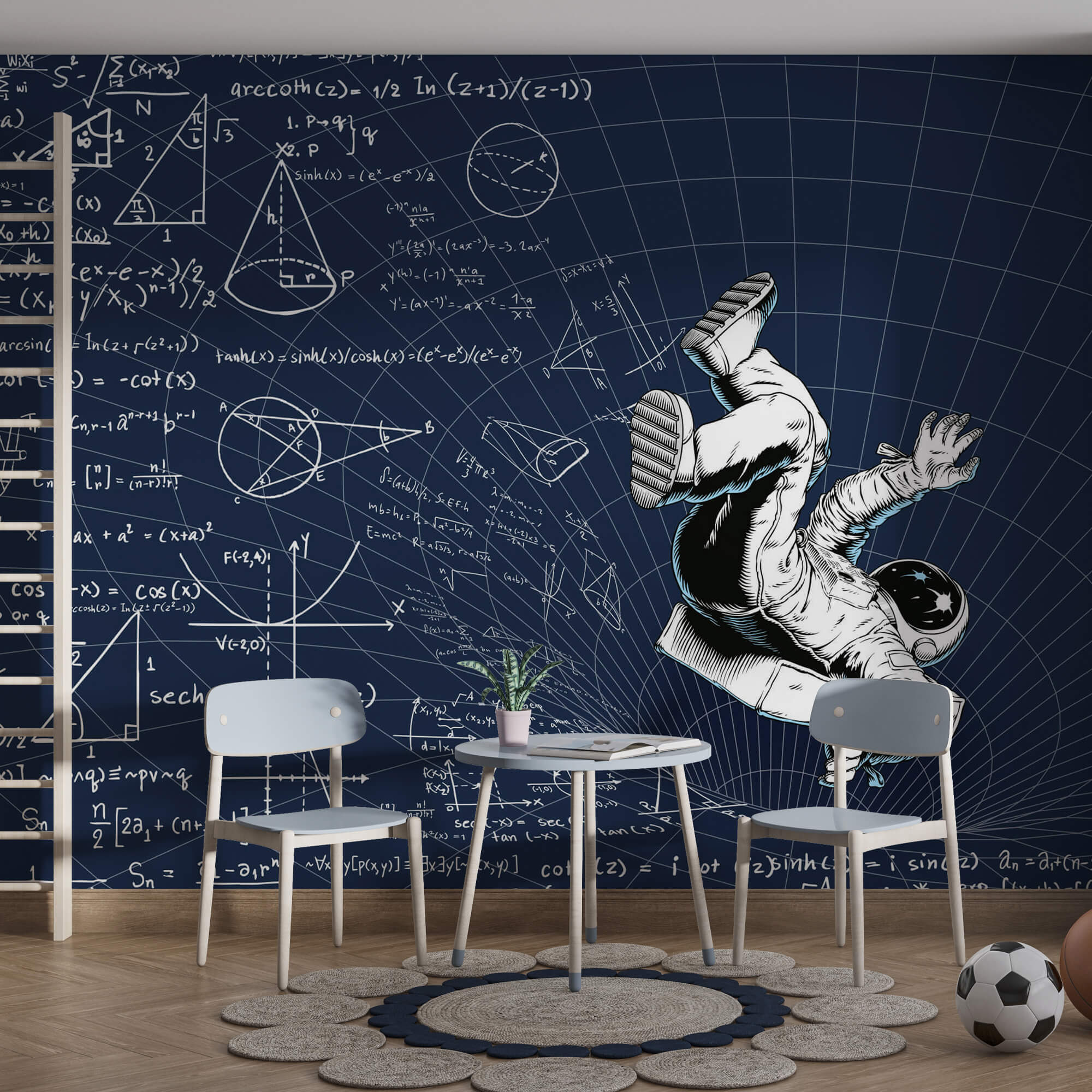 Man in space suit falling on a board with math equations