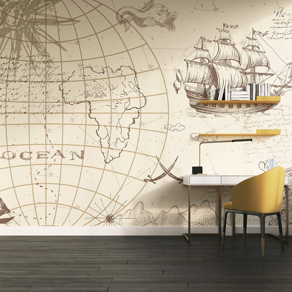 Wall murals Wall murals Map of the world and a ship (SKU: t00178)