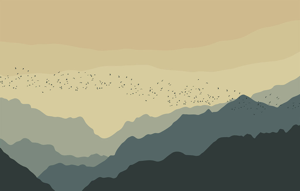 Group of birds flying over mountains Group of birds flying over mountains