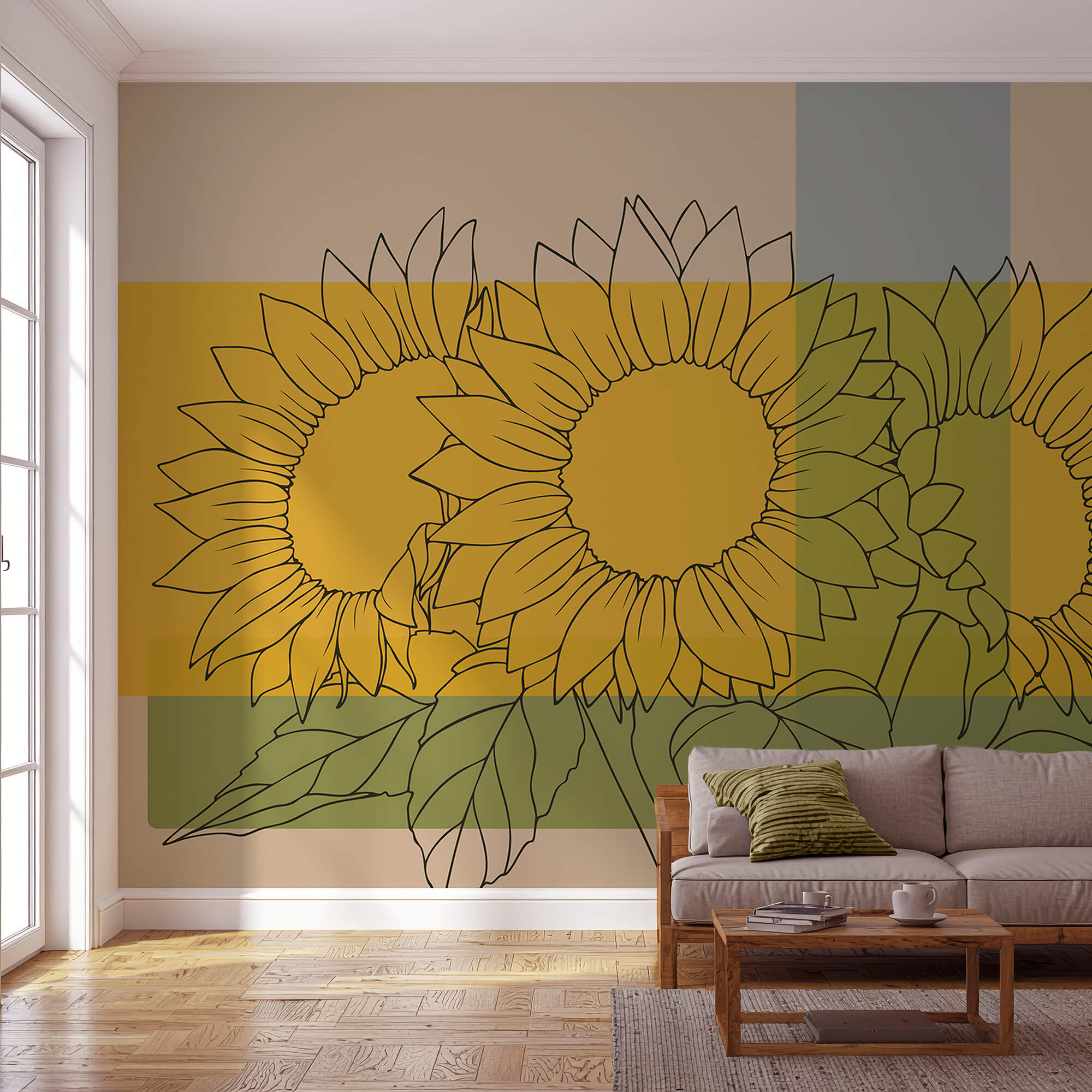 Group of sunflowers with leaves