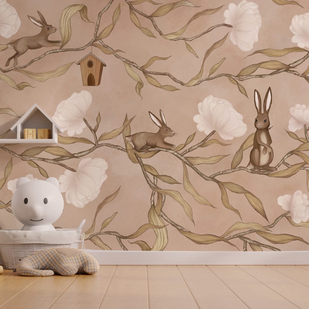 Wallpaper with rabbits and flowers