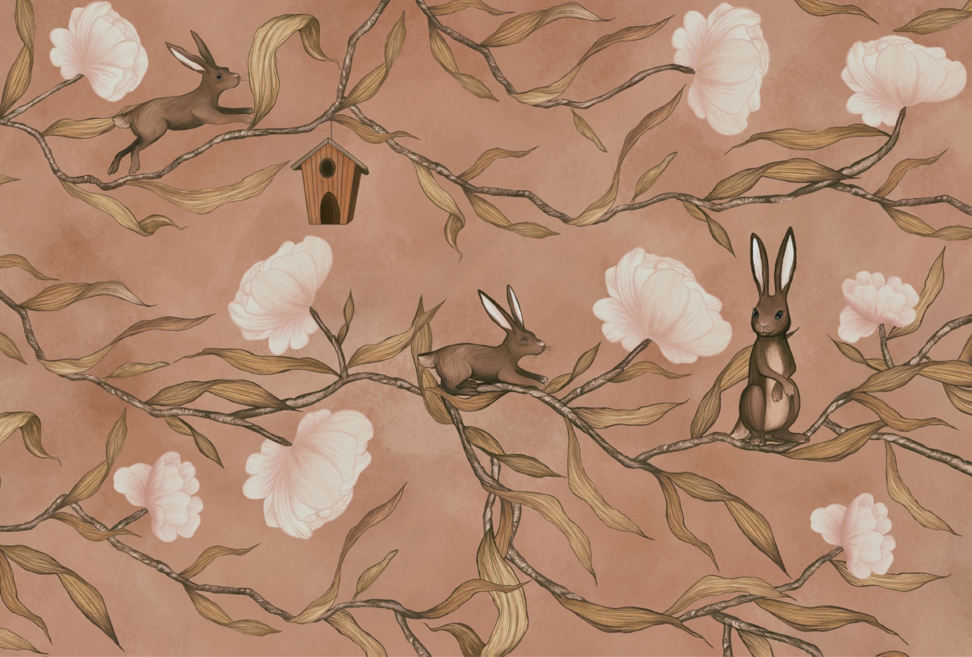 Wallpaper with rabbits and flowers Wallpaper with rabbits and flowers