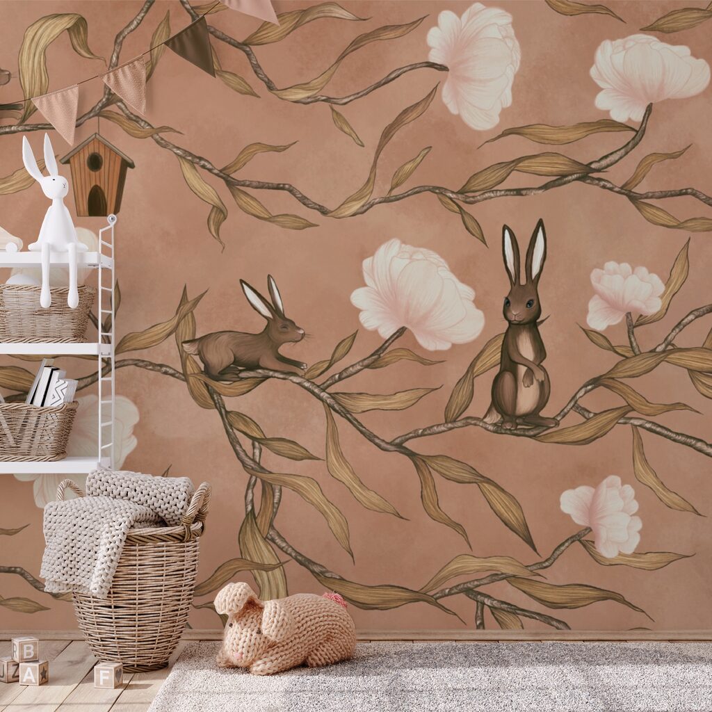 Wallpaper with rabbits and flowers Wallpaper with rabbits and flowers
