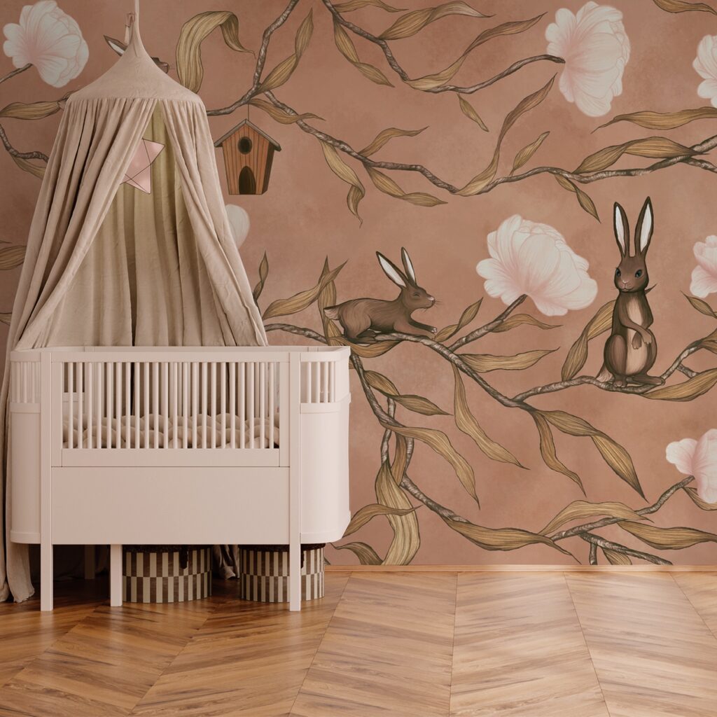 Wallpaper with rabbits and flowers Wallpaper with rabbits and flowers