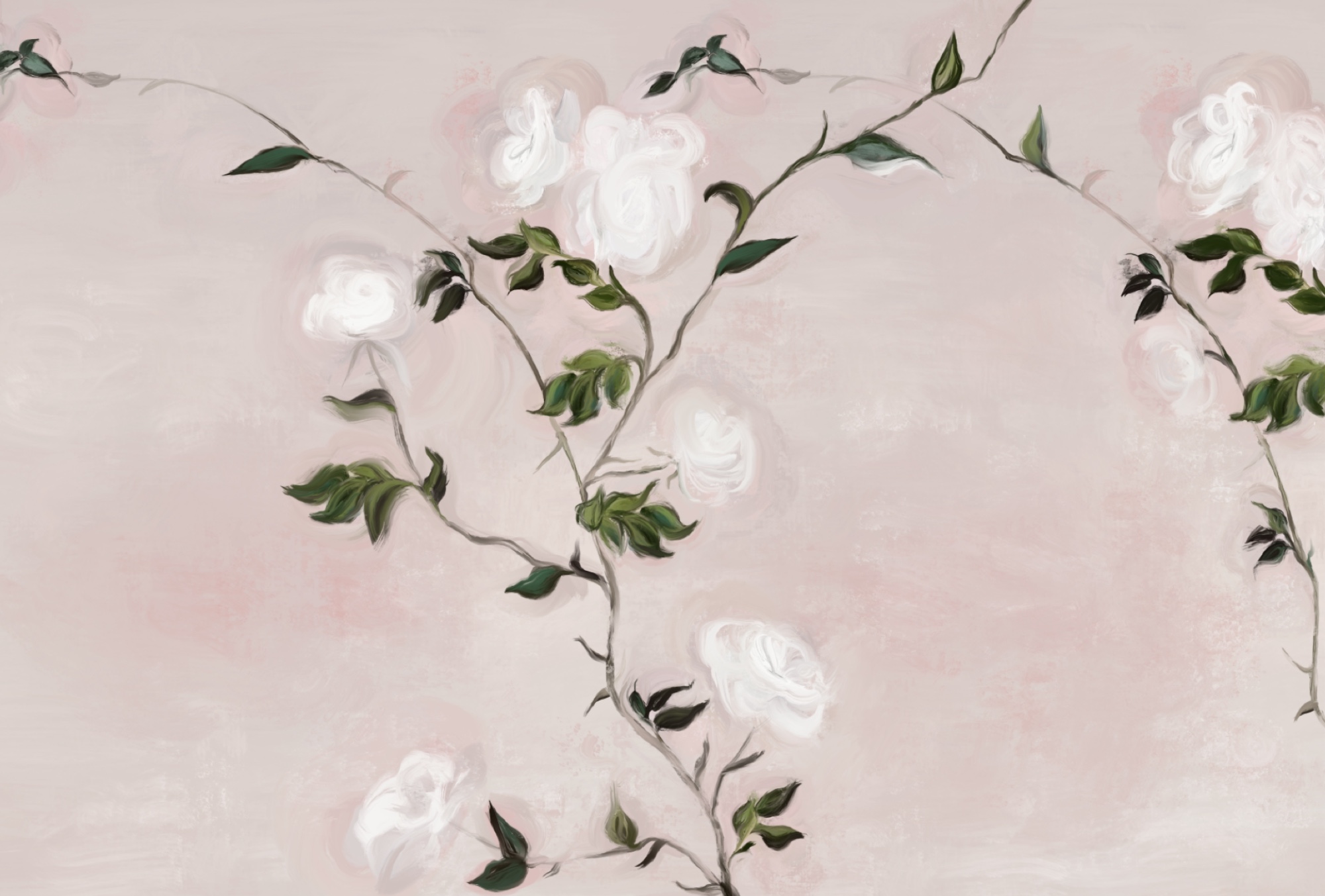 Painting of a branch with white flowers and green leaves Painting of a branch with white flowers and green leaves