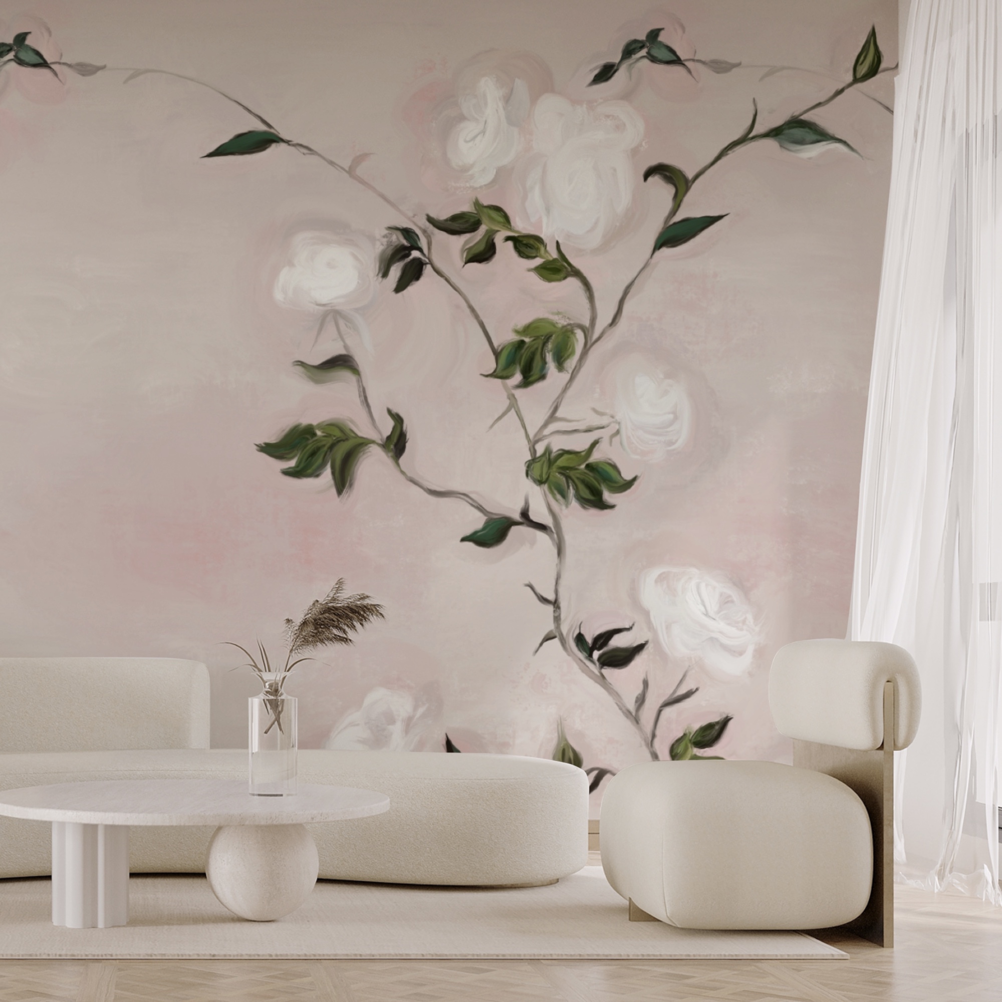 Painting of a branch with white flowers and green leaves