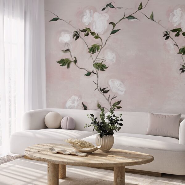 Painting of a branch with white flowers and green leaves Painting of a branch with white flowers and green leaves