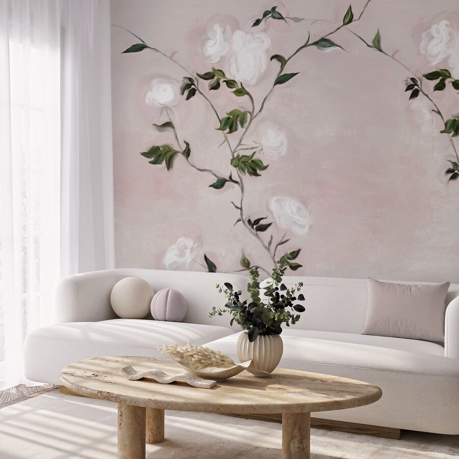 Painting of a branch with white flowers and green leaves