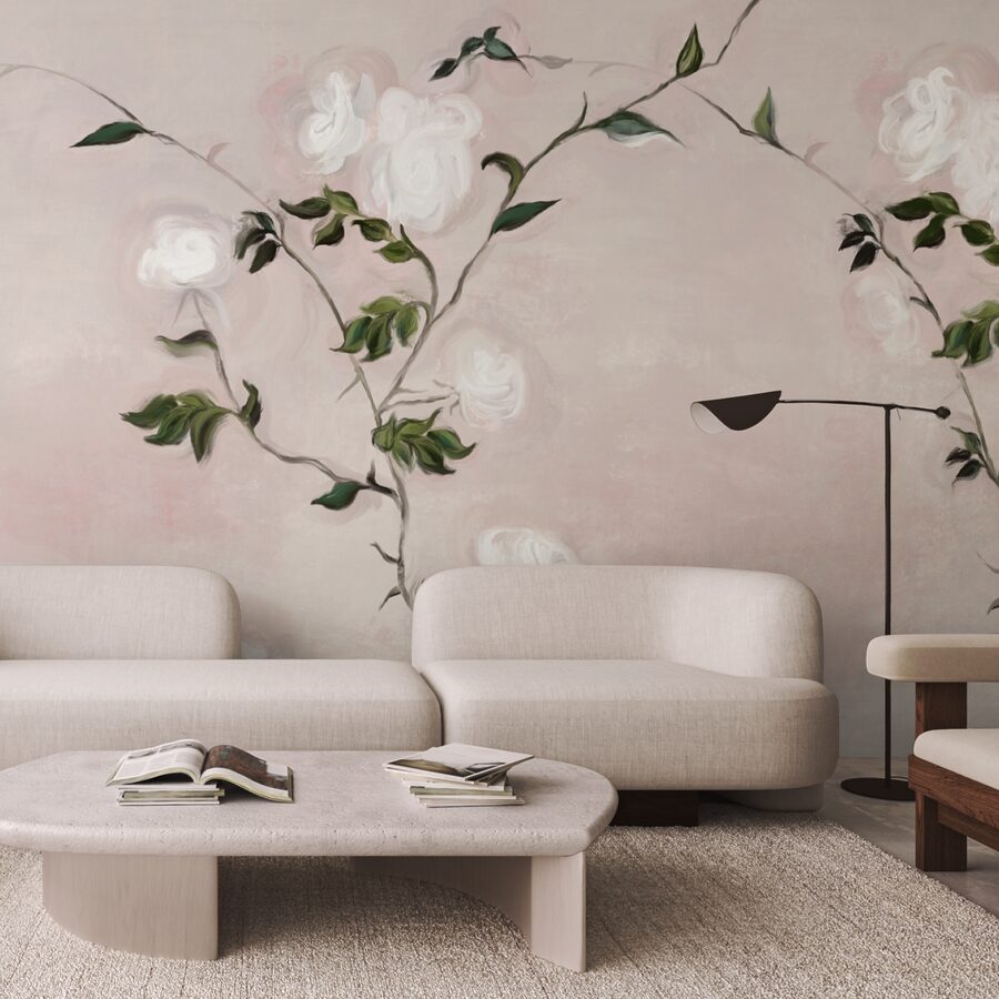 Painting of a branch with white flowers and green leaves