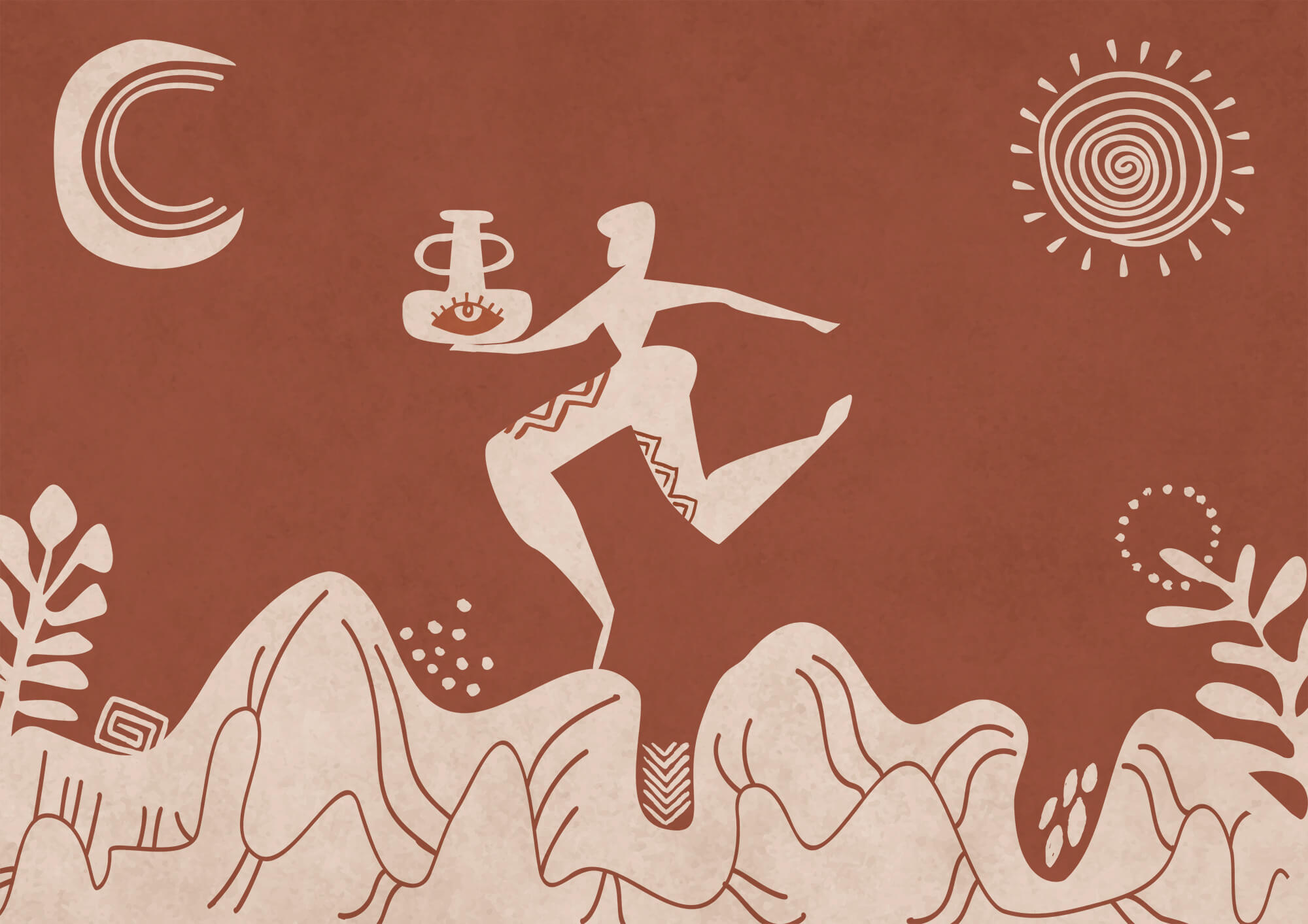 Drawing of a man holding a pot and a pot on a mountain