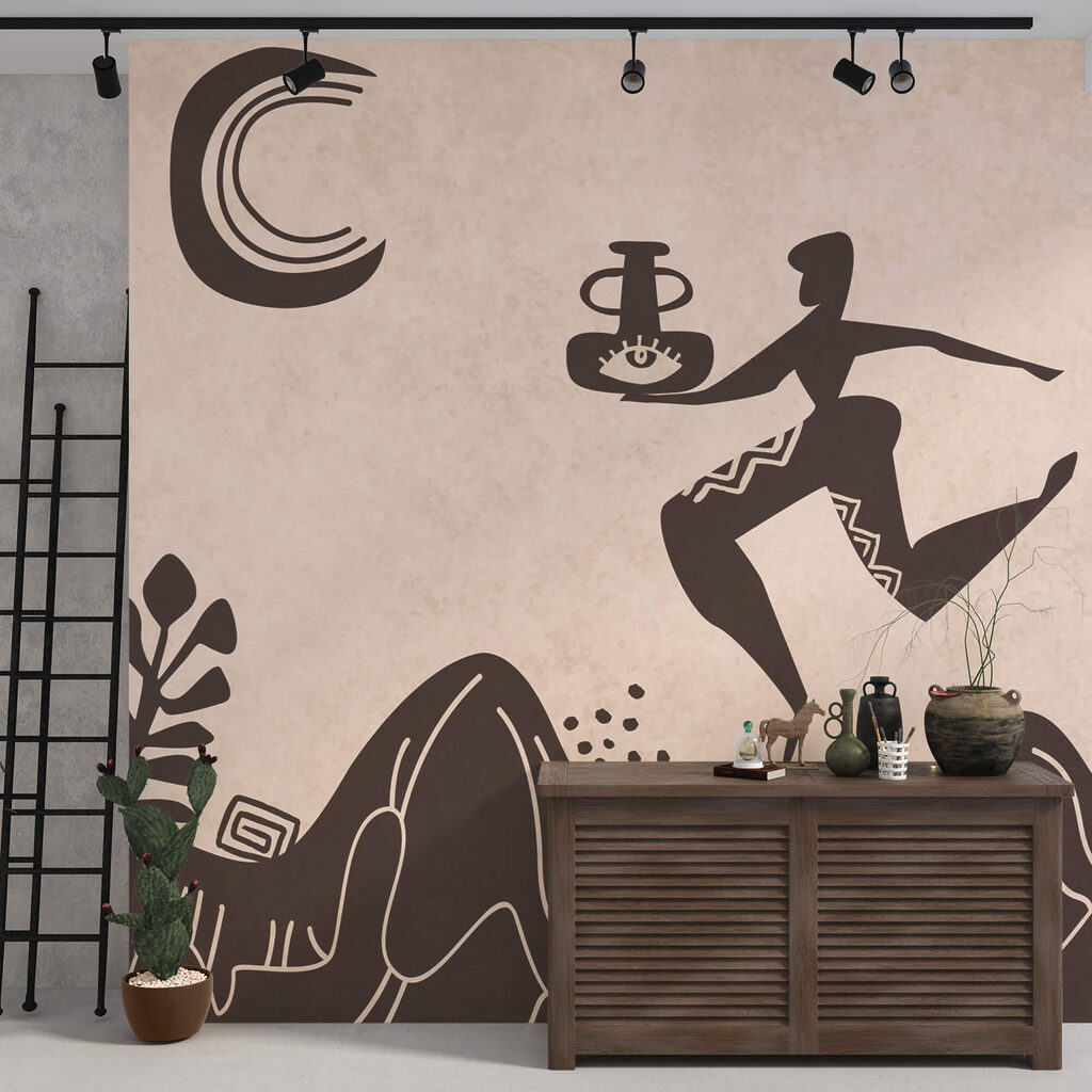 Drawing of a man holding a pot and a pot on a mountain