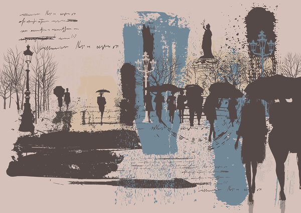 Group of people walking with umbrellas