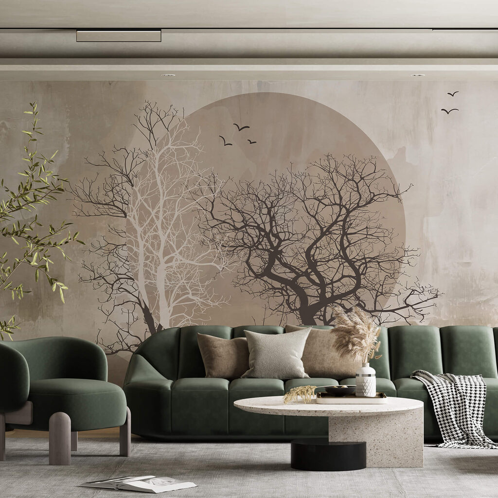 Painting of trees and a sun