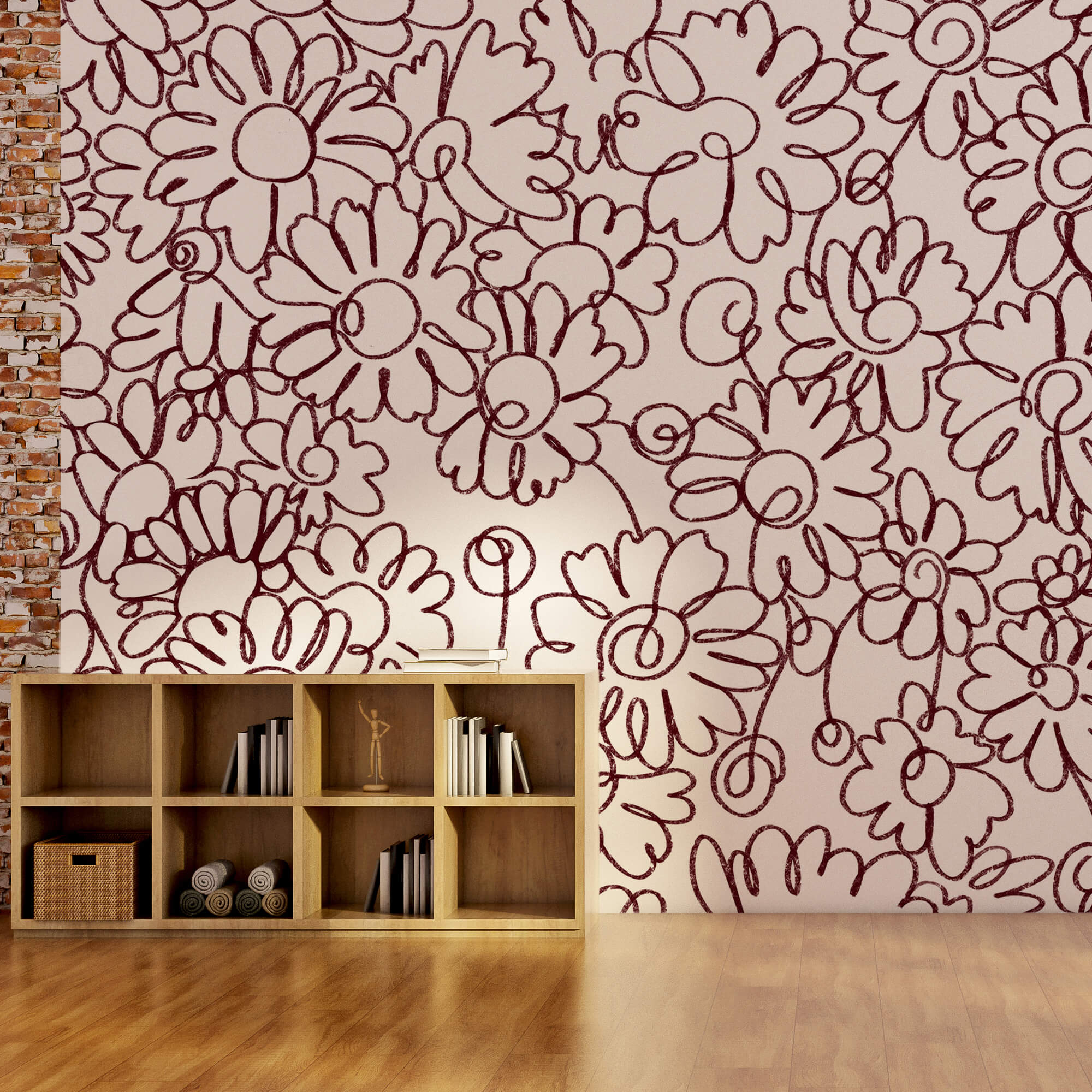 Pattern of flowers drawn with red lines