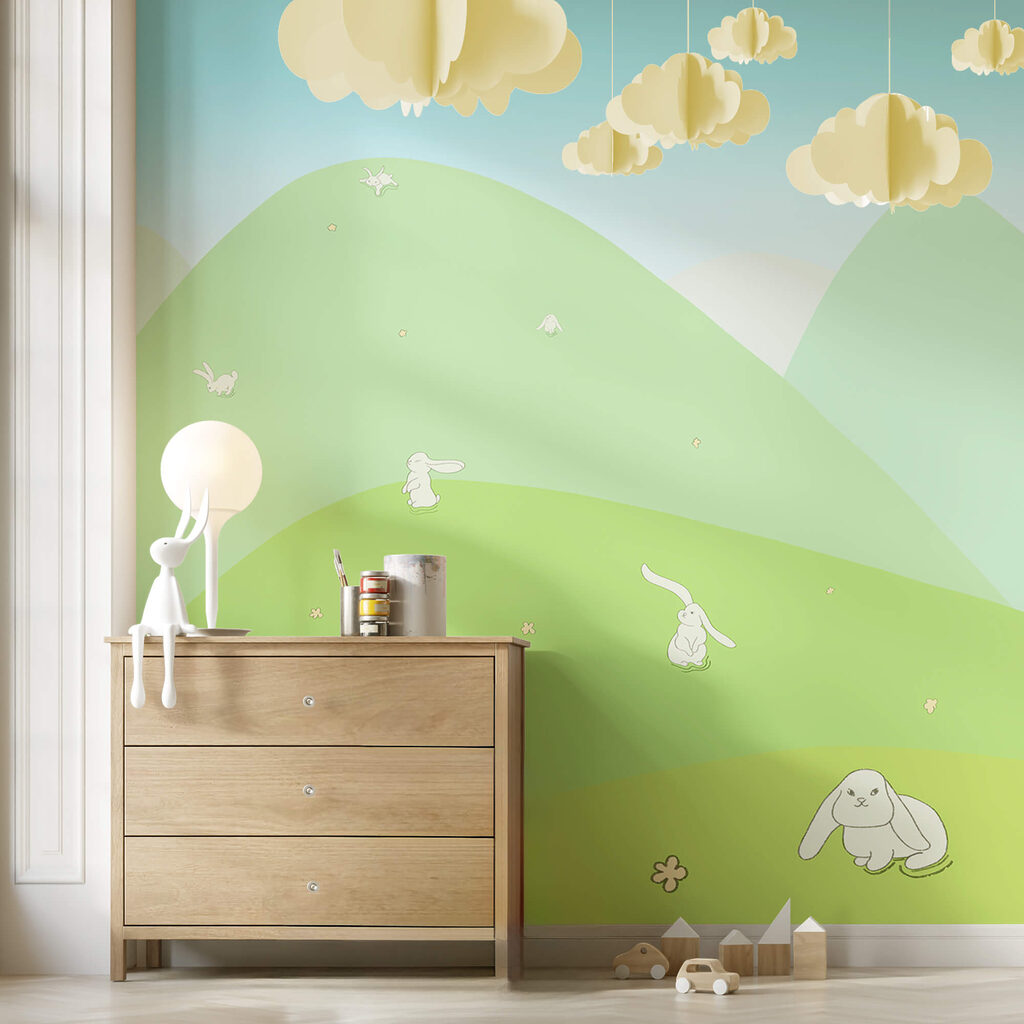 Cartoon of bunnies on a green hill