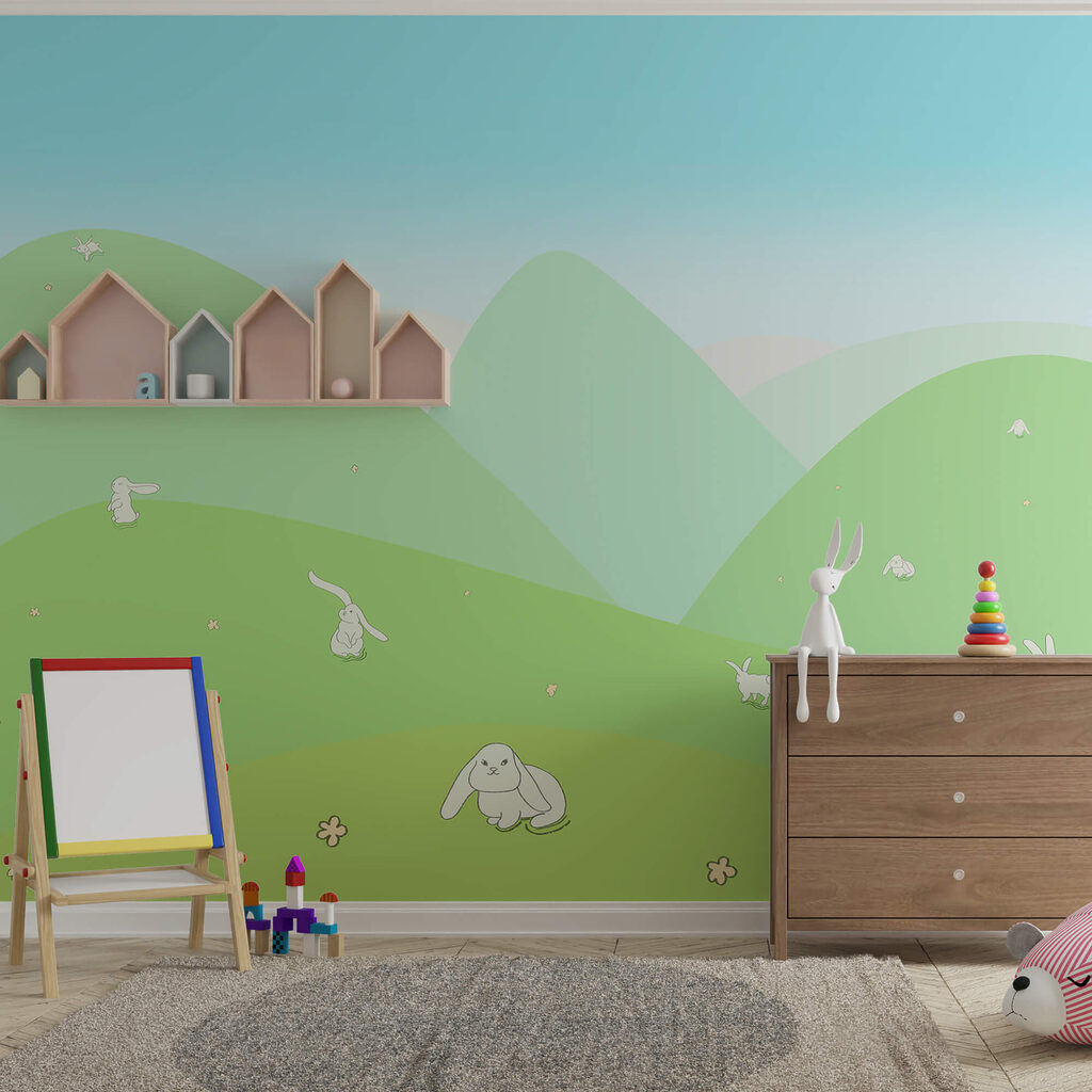 Cartoon of bunnies on a green hill