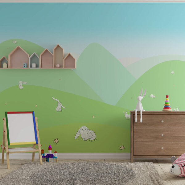 Cartoon of bunnies on a green hill