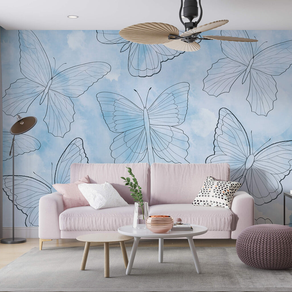 Pattern of butterflies on a blue background