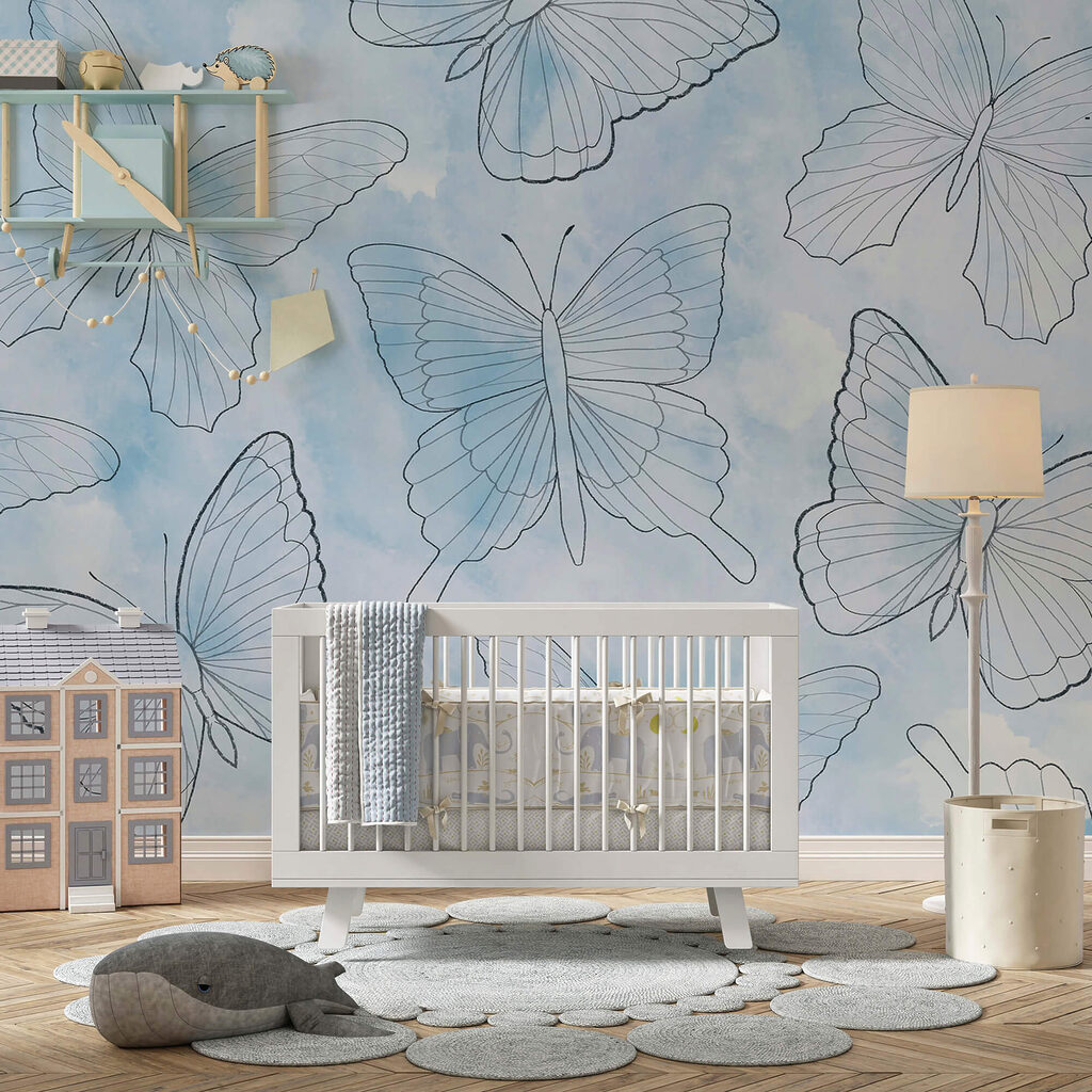 Pattern of butterflies on a blue background