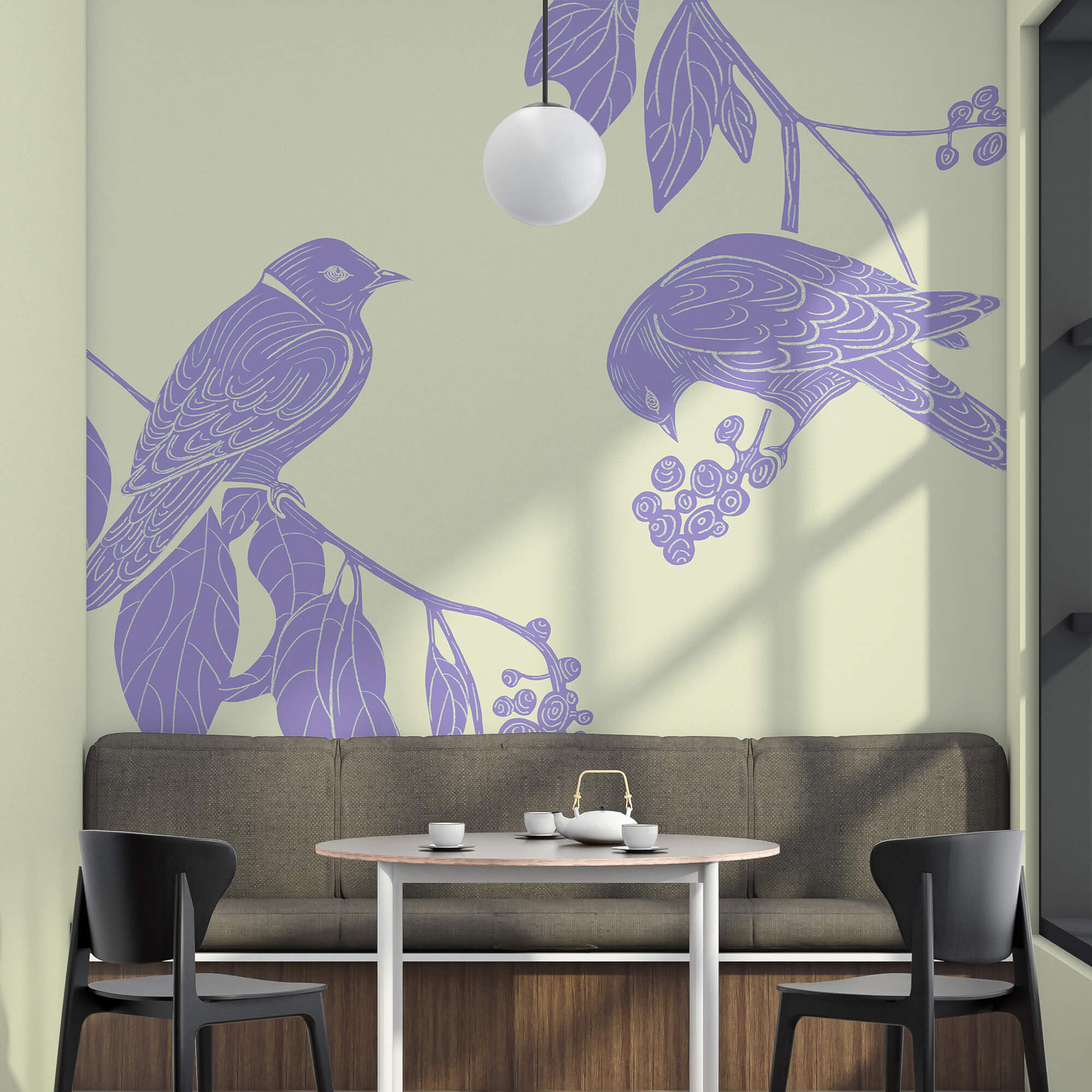 Drawing of birds on a branch