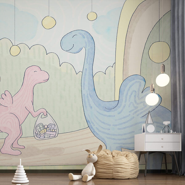 Wall murals Wall murals Cartoon of dinosaurs carrying a bag (SKU: t00288)