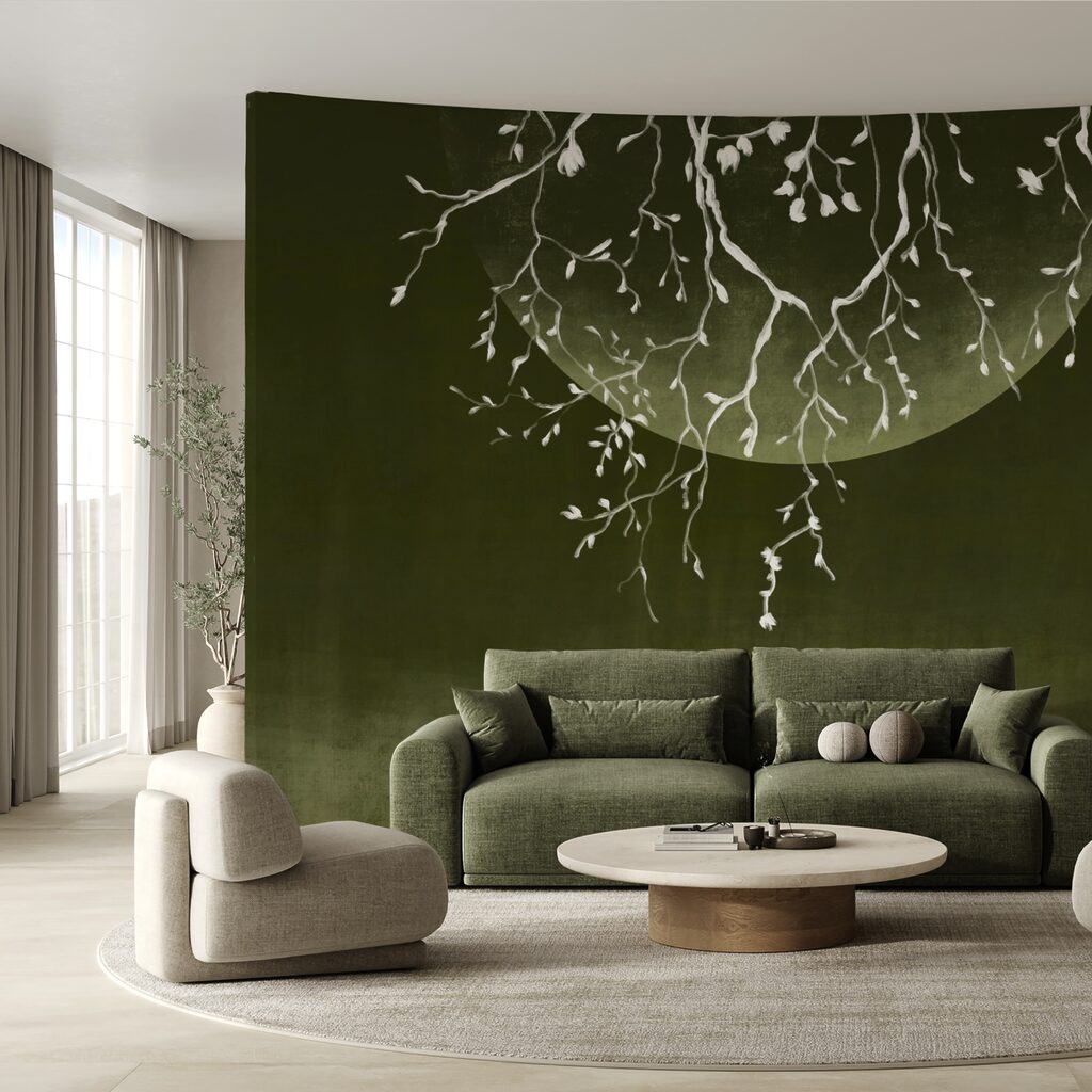 Tree branches with leaves and a moon Tree branches with leaves and a moon